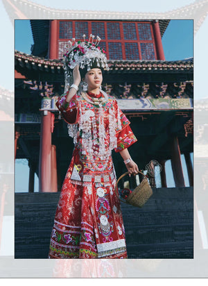 Vibrant red brocade authentic miao minority wedding dress heirloom quality traditional ethnic bridal gown full length view