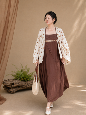 Vintage casual chinese style modern hanfu ivory polka dot wide sleeve cardigan robe and brown slip midi dress for women polka dot detail