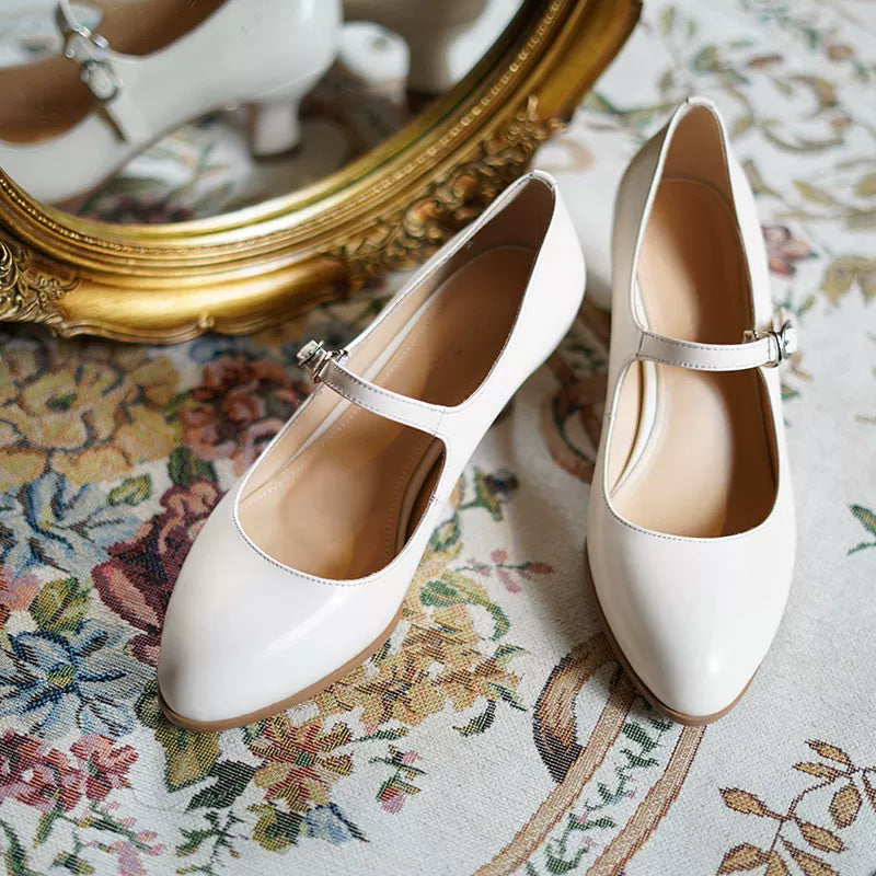 Vintage french mary jane heels t strap mid heel pumps in black ivory green cheongsam qipao shoes daily elegant for women back view