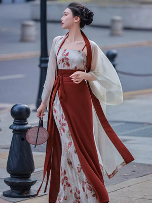 Vintage street chinese style modern hanfu white floral sheer wide sleeve robe and burgundy slip top with mamian skirt set for women floral detail