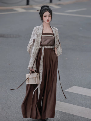 Vintage streetwear chinese style modern hanfu floral wide sleeve cardigan robe and dark brown tube top mini skirt set for women floral detail