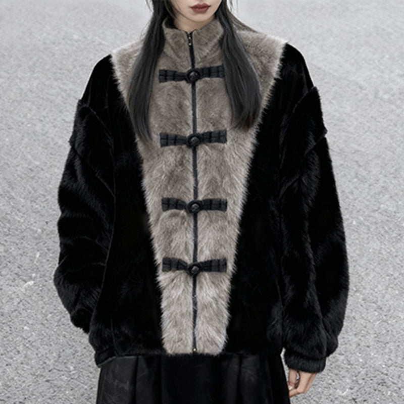 Warm grey black faux fur chinese coat bamboo leaf velvet skirt traditional hanfu winter ensemble for women full length view