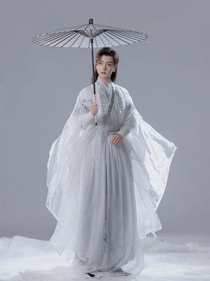 Wei jin embroidered hanfu set fuso white grey unisex suit