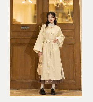 White silk hanfu dress for women inspired by Song Dynasty, with traditional hanfu coat and jacket. Perfect for Chinese New Year, winter hanfu, graduations, hanfu cosplay, and casual wear. This red modern hanfu combines traditional and modern Chinese clothing styles, available for sale at hanfu shops and online stores. Ideal choice for hanfu women looking for elegant and versatile Chinese clothing.