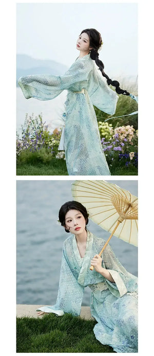 Whisper of spring blue embroidered hanfu new chinese style dress with waist sash and elegant straight cut robe back view