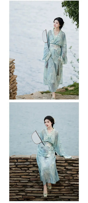 Whisper of spring waist sash hanfu embroidered blue new chinese style elegant straight cut robe dress for women fabric and embroidery detail