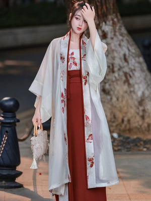 White floral sheer modern hanfu wide sleeve robe and burgundy slip top with mamian skirt vintage street chinese style set for women back view