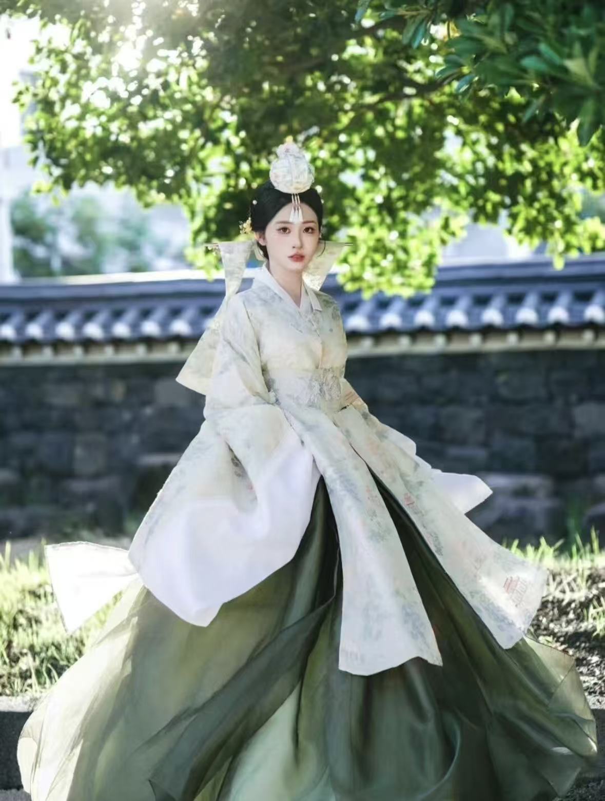 White Green Hanbok | Korean Traditional Court Dress | Elegant Photography Outfit White Green Hanbok | Korean Traditional Court Dress | Elegant Photography Outfit