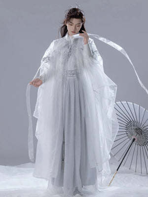 White grey embroidered wei jin hanfu fuso unisex suit set