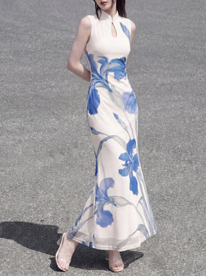 White iris cheongsam dress long holiday temperament art skirt sleeveless stand up collar for women daily front view