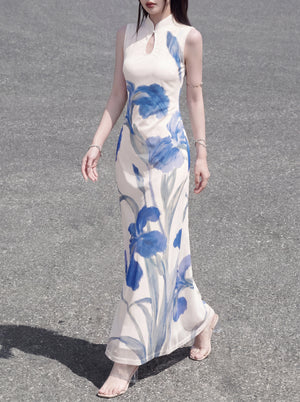 White iris sleeveless cheongsam long holiday temperament art stand up collar dress for women summer back view