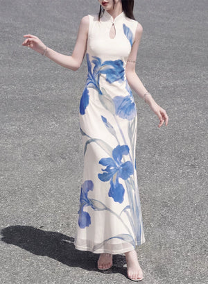 White iris stand up collar cheongsam long sleeveless holiday temperament art dress for women fabric detail