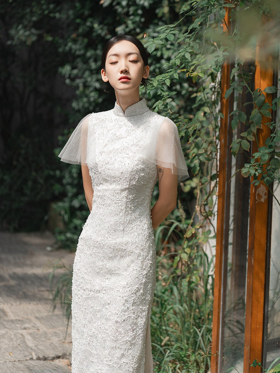 White lace cheongsam wedding dress Chinese modified sleeveless toast dress  engageme – Yandan_Hanfu