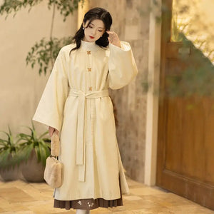 White hanfu dress for women inspired by Song Dynasty, with traditional hanfu coat and jacket. Perfect for Chinese New Year, winter hanfu, graduations, hanfu cosplay, and casual wear. This red modern hanfu combines traditional and modern Chinese clothing styles, available for sale at hanfu shops and online stores. Ideal choice for hanfu women looking for elegant and versatile Chinese clothing.