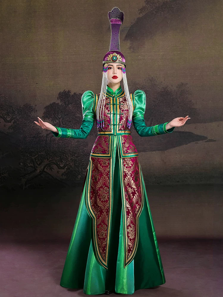 Women's Mongolian robe green dress vest high-end ethnic dress - Purple hat / one size fits all Women's Mongolian robe green dress vest high-end ethnic dress - Purple hat / one size fits all