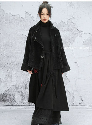 Women autumn winter black loose plush top new chinese chenille cotton jacket standing front