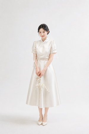Women's White Pearl Satin Hanbok | Modern Bridal Wedding Dress Gown for Bride