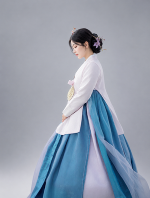 Women white ruqun teal gradient mamianqun set traditional hanbok style for spring summer women back view