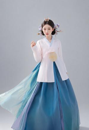 Women white ruqun and teal gradient mamianqun hanbok set traditional korean hanfu inspired outfit front view