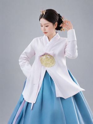 Women white and teal gradient hanbok set ruqun top with mamianqun skirt for women summer fabric and gradient detail