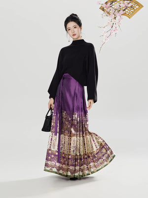 Wood carving window grilles ming horse dress hanfu square collar shirt half turtleneck sweater skirt suit for women front view