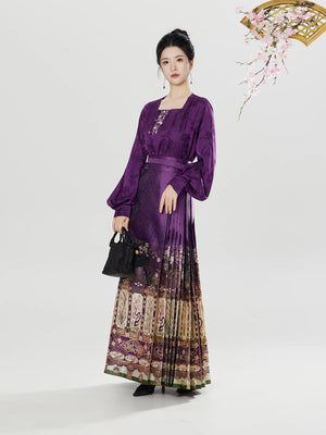 Wood carving window grilles ming style hanfu square collar shirt half turtleneck sweater horse dress skirt suit for women back view