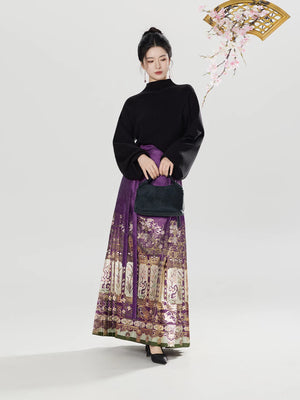 Wood carving window grilles winter hanfu set ming horse dress square collar shirt half turtleneck sweater skirt suit fabric detail