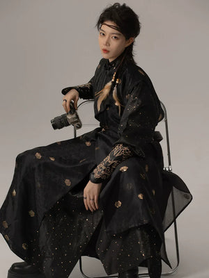 Wujing gold brocade round collar jacket hanfu inspired modern spring autumn robe for women men back view