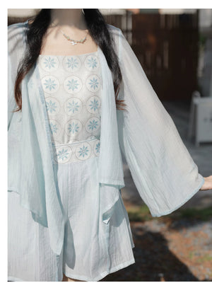 Xiaolu water blue small flower brick summer set cross neck tencel bud shorts with pockets and long sleeve for sun protection fabric detail