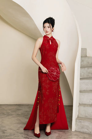 Xijiayin red trailing cheongsam chinese bridal wedding qipao with cloud shoulder and beaded jacket set