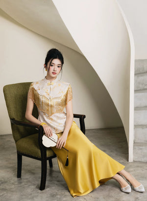 Golden jacquard vest cheongsam set xingle chinese wedding dress with fishtail and a-line skirt design