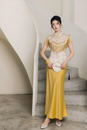 Modern chinese bridal dress xingle golden jacquard vest cheongsam with fishtail and a-line skirt