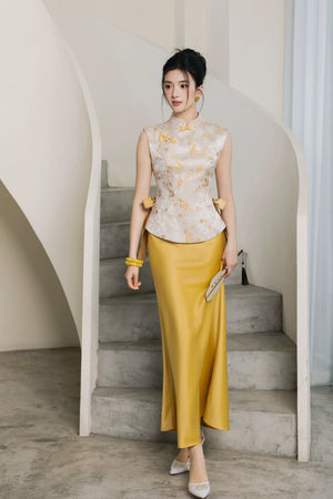 Xingle modern chinese bridal dress golden jacquard vest cheongsam set featuring fishtail and a-line skirt