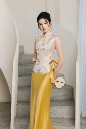 Golden jacquard bridal cheongsam xingle modern chinese dress with vest fishtail and a-line skirt