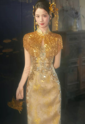 Xiuhe suzhou embroidery cheongsam bridal gown dragon phoenix jacket wedding dress for bride embroidery fabric detail