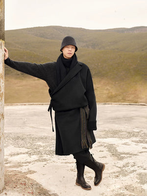 Xuanzhu men business tibetan coat double sided woolen robe with suit collar trench style for professional wear fabric detail