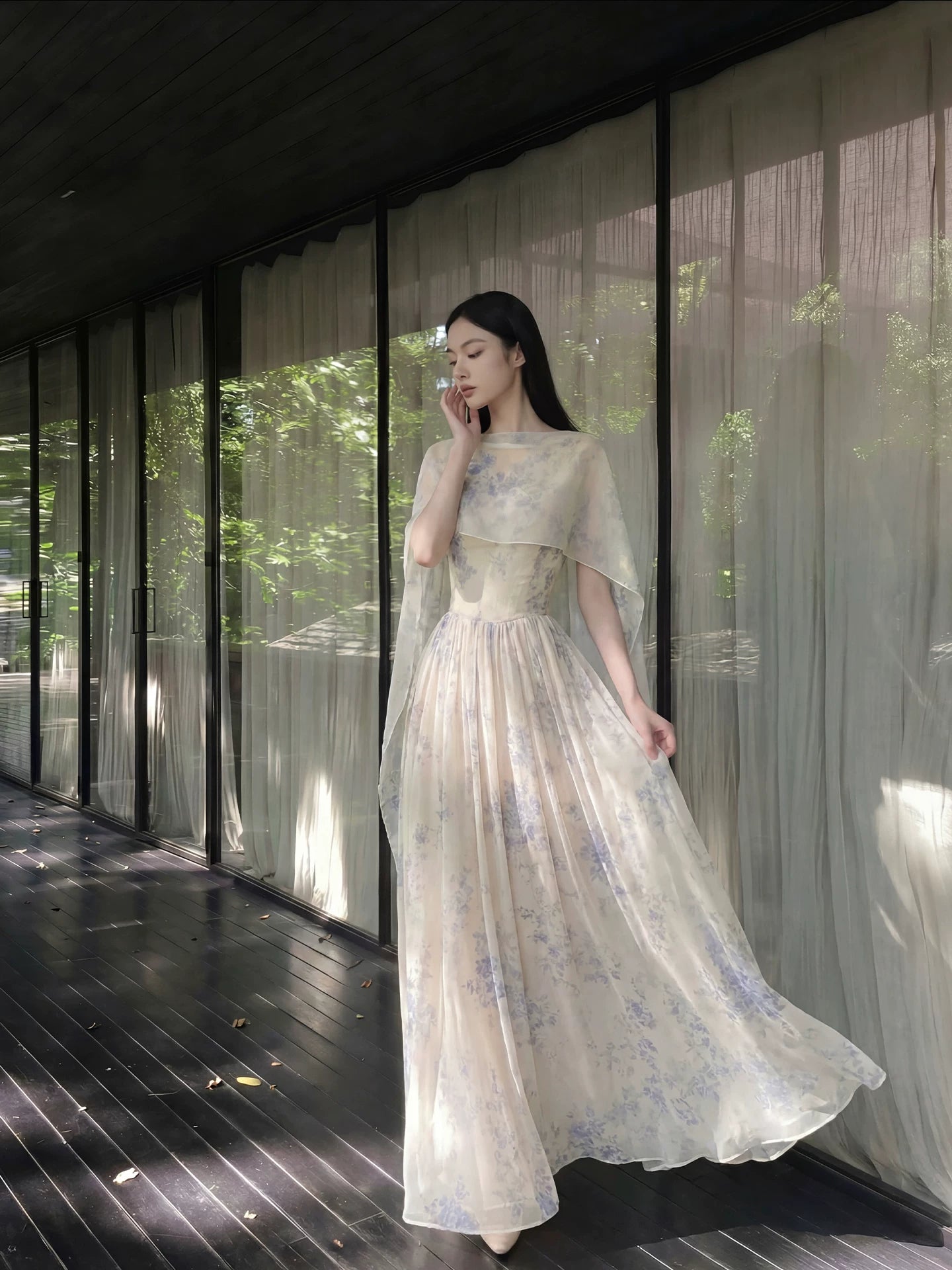 Yarn fog blue and white new chinese style two wear floating yarn shawl temperament long dress design sense front view