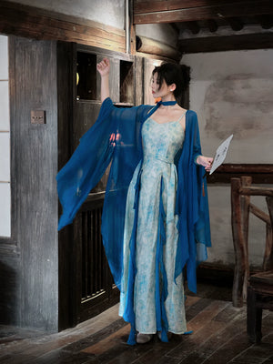 Yu bai xin blue butterfly lace cardigan new chinese style qingshan line tencel jacquard dress set