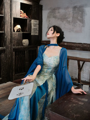 Yu bai xin qingshan line new chinese style blue butterfly lace embroidery cardigan and tencel jacquard dress set