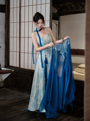 Yu bai xin qingshan line tencel jacquard dress new chinese style blue butterfly lace embroidery cardigan set