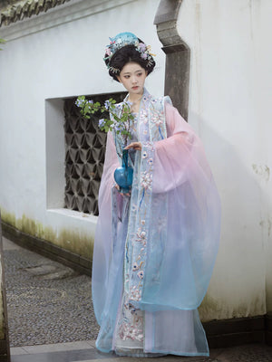 Yu yin song dynasty 5 piece hanfu purple blue gradient embroidered set for spring summer back view
