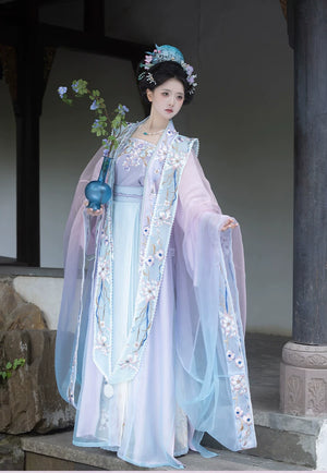 Yu yin traditional song hanfu set purple blue gradient embroidery 5 piece women costume fabric detail