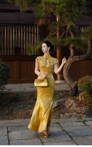 Zhiye jinchan new chinese fishtail cheongsam mulberry silk bead embroidered tassel cloud shoulder dress fabric and bead detail