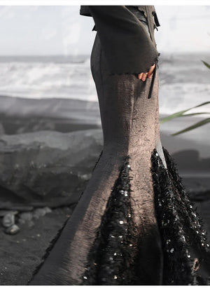 Dark fishtail skirt splicing sequined feather satin skirt - Yandan_Hanfu
