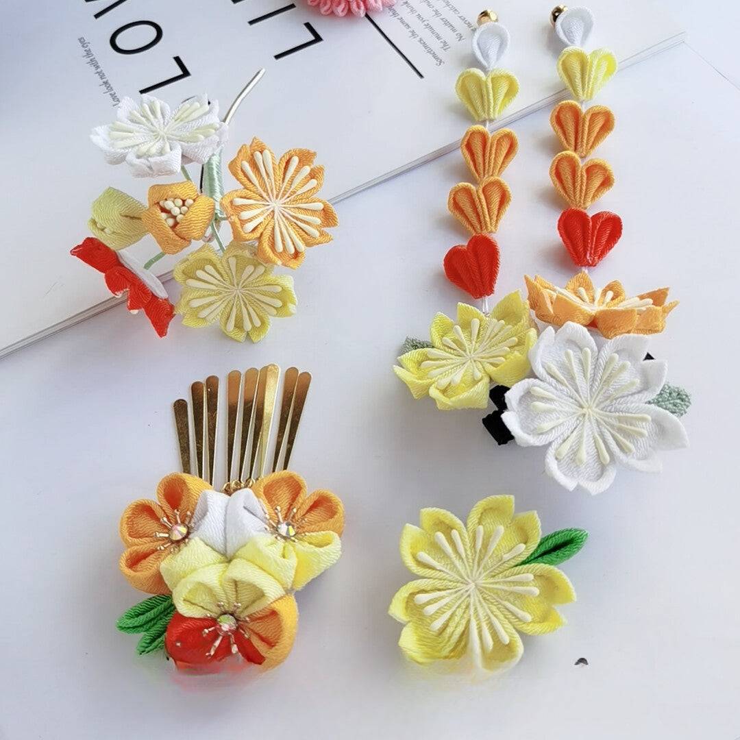 Yellow and orange Sakura hairpin 4-piece set with floral designs, ideal for Japanese yukata or kimono styling.