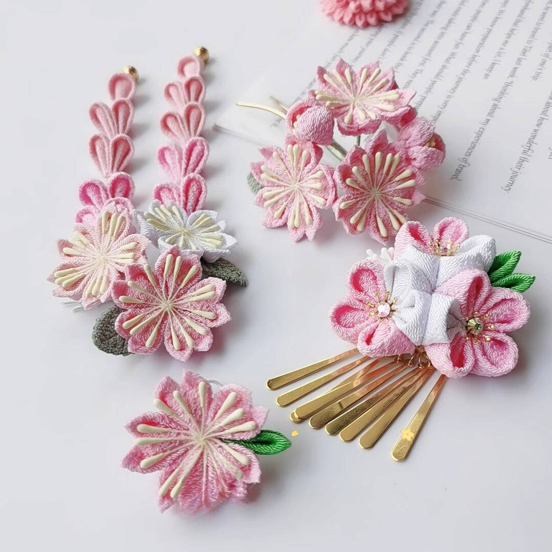Sakura fine work hairpin 4-piece set featuring pink and white cherry blossom designs, ideal for Japanese kimono or yukata styling.