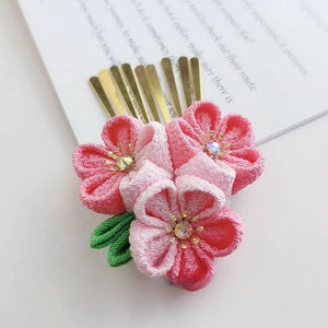 Sakura fine work hairpin 4-piece set Japanese kimono yukata with headdress Lolita pink ancient Japanese style cherry tea - Yandan_Hanfu