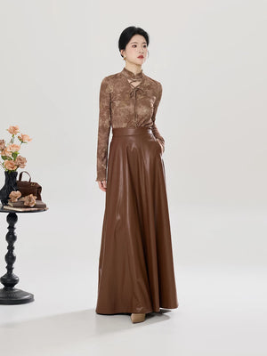 Brown skirt set with lace-up neckline