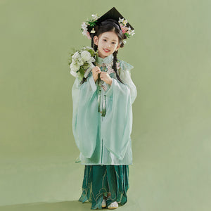 Green girls Hanfu 2025 children's ancient clothing Chinese style supe with floral headpiece and graduation cap, holding bouquet in traditional pose.