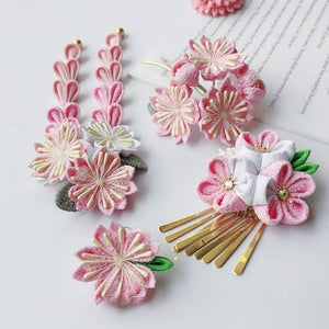 Full Sakura fine work hairpin 4-piece set with pink cherry blossoms, perfect for Japanese kimono or Lolita fashion.
